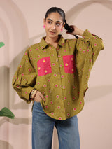 Green Bandhej Printed Anti-Fit Shirt with Patch Pockets