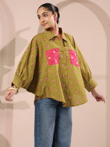 Green Bandhej Printed Anti-Fit Shirt with Patch Pockets