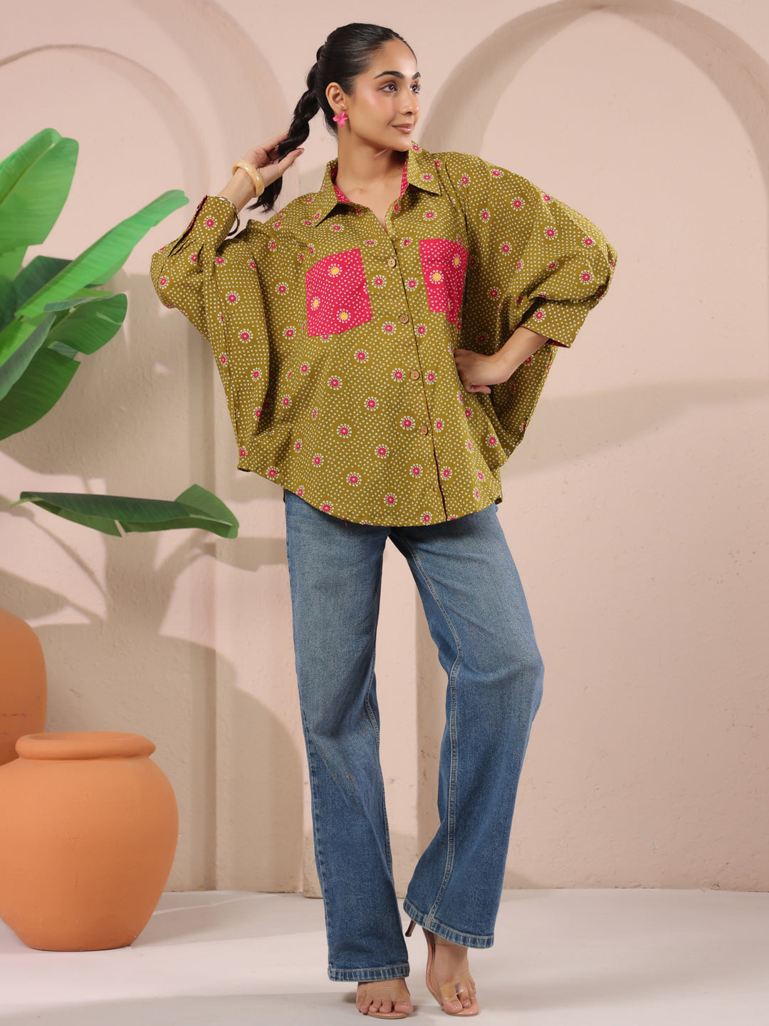 Green Bandhej Printed Anti-Fit Shirt with Patch Pockets