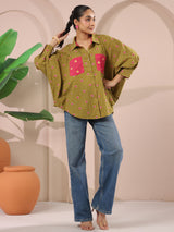 Green Bandhej Printed Anti-Fit Shirt with Patch Pockets