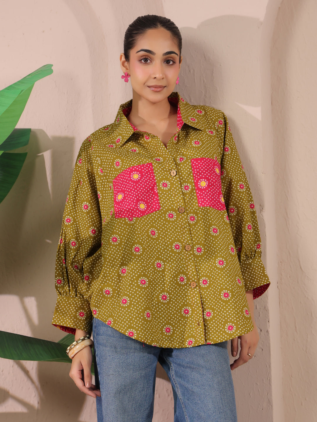 Green Bandhej Printed Anti-Fit Shirt with Patch Pockets