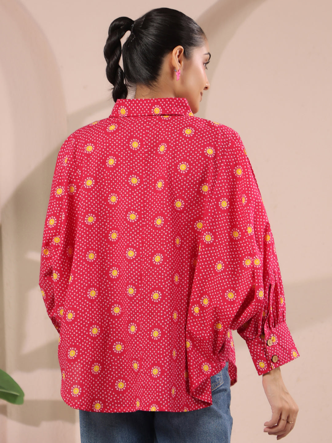 Pink Bandhej Printed Anti-Fit Shirt with Patch Pockets