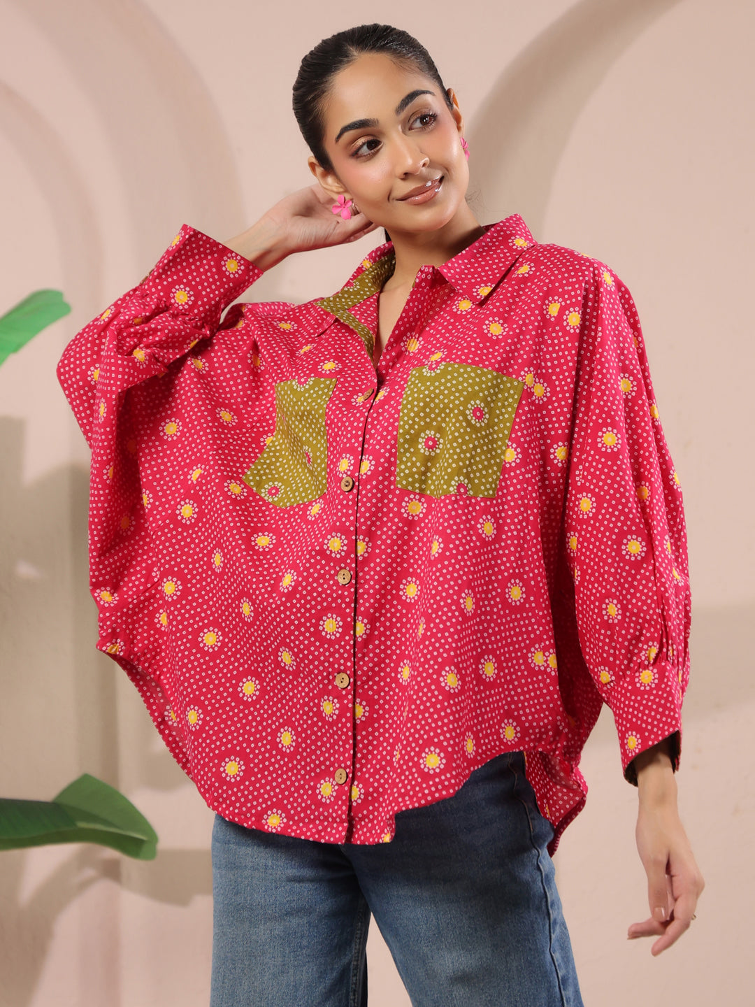Pink Bandhej Printed Anti-Fit Shirt with Patch Pockets