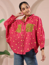Pink Bandhej Printed Anti-Fit Shirt with Patch Pockets