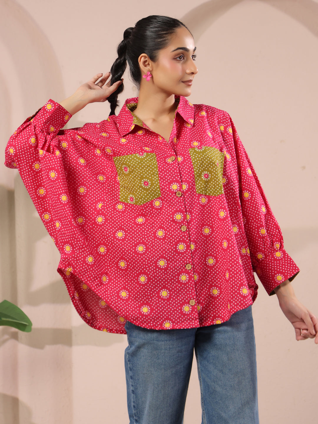 Pink Bandhej Printed Anti-Fit Shirt with Patch Pockets
