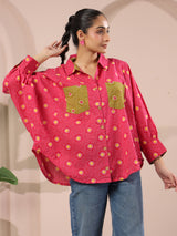 Pink Bandhej Printed Anti-Fit Shirt with Patch Pockets