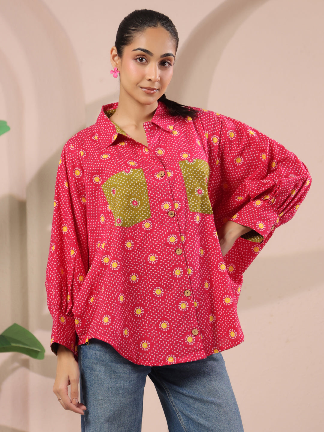 Pink Bandhej Printed Anti-Fit Shirt with Patch Pockets