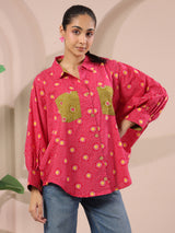 Pink Bandhej Printed Anti-Fit Shirt with Patch Pockets