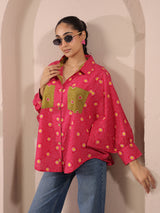 Pink Bandhej Printed Anti-Fit Shirt with Patch Pockets