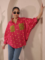 Pink Bandhej Printed Anti-Fit Shirt with Patch Pockets