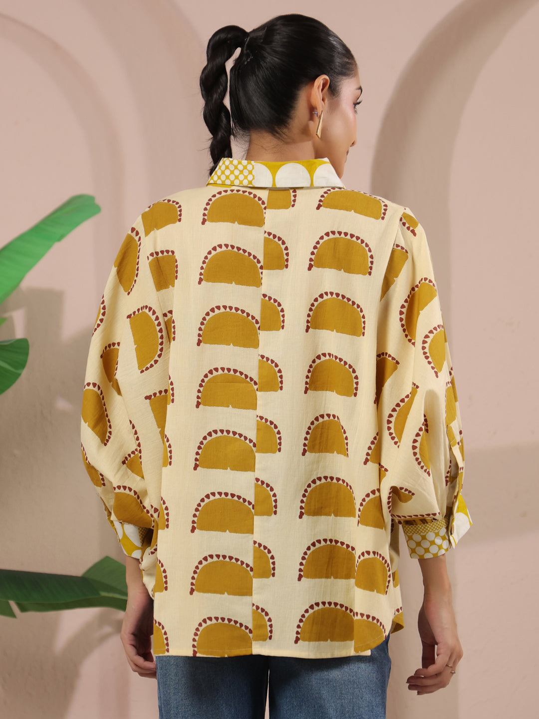 Cream & Yellow Printed Anti-Fit Shirt with Patch Pockets