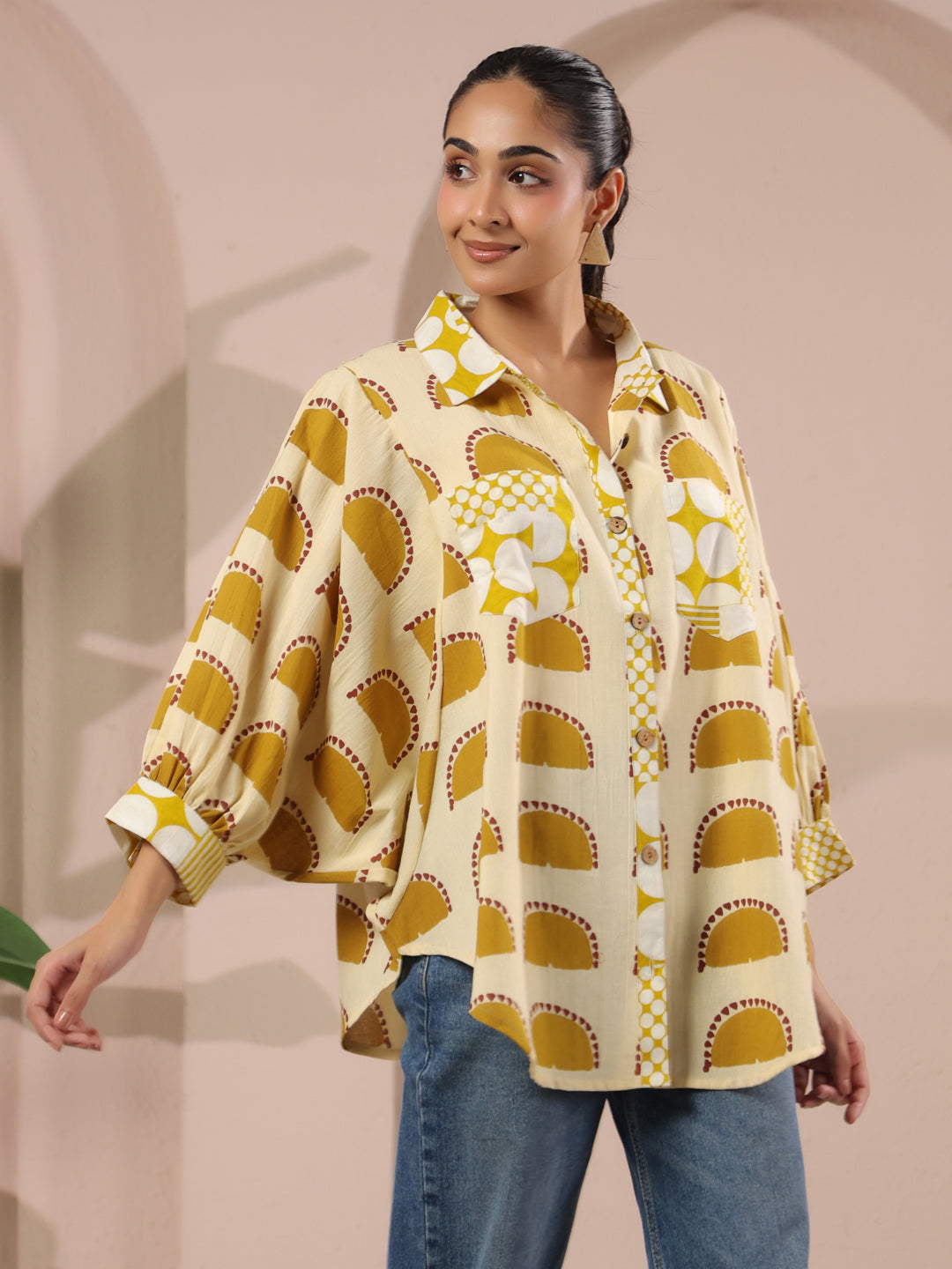 Cream & Yellow Printed Anti-Fit Shirt with Patch Pockets