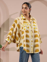 Cream & Yellow Printed Anti-Fit Shirt with Patch Pockets