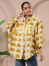 Cream & Yellow Printed Anti-Fit Shirt with Patch Pockets