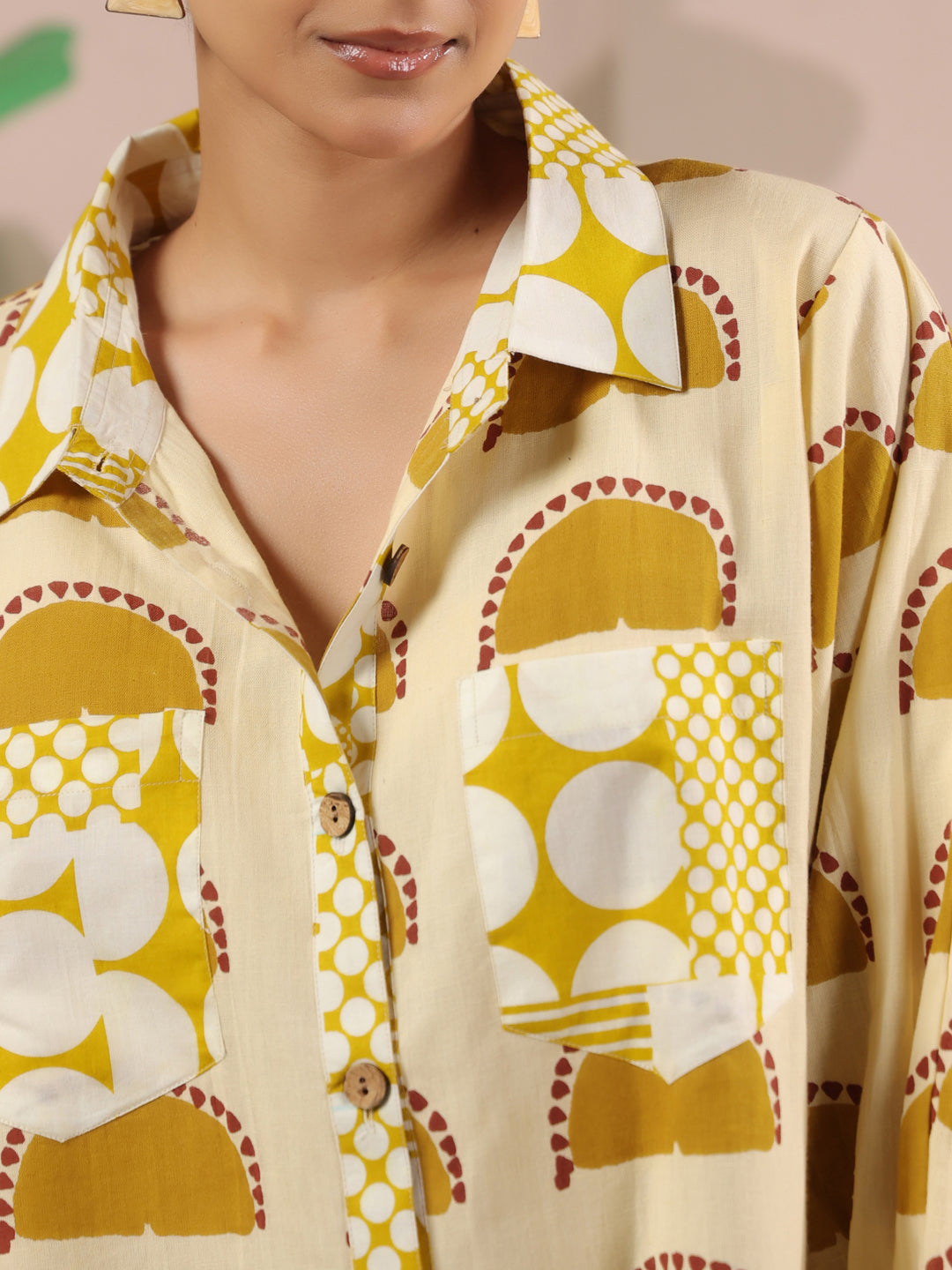 Cream & Yellow Printed Anti-Fit Shirt with Patch Pockets