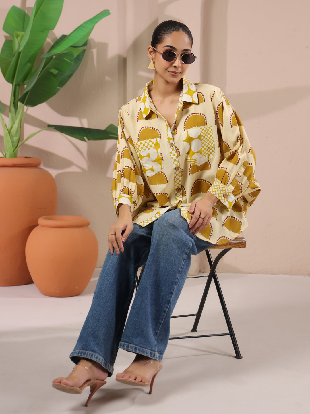 Cream & Yellow Printed Anti-Fit Shirt with Patch Pockets
