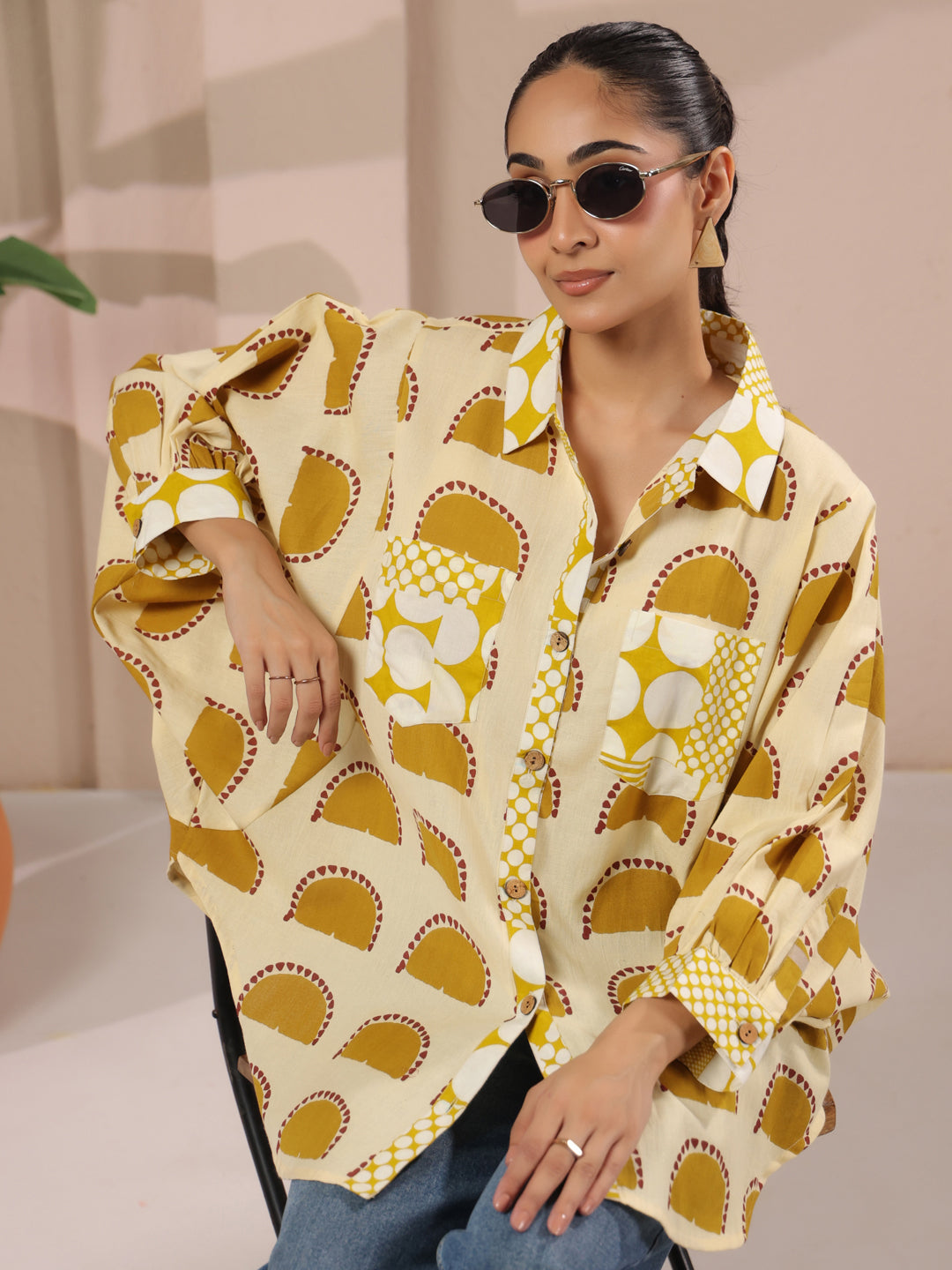 Cream & Yellow Printed Anti-Fit Shirt with Patch Pockets