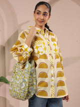 Cream & Yellow Printed Anti-Fit Shirt with Patch Pockets