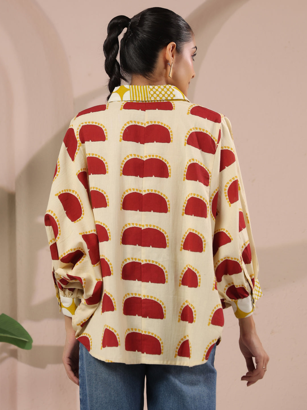 Cream & Red Printed Anti-Fit Shirt with Patch Pockets