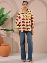 Cream & Red Printed Anti-Fit Shirt with Patch Pockets