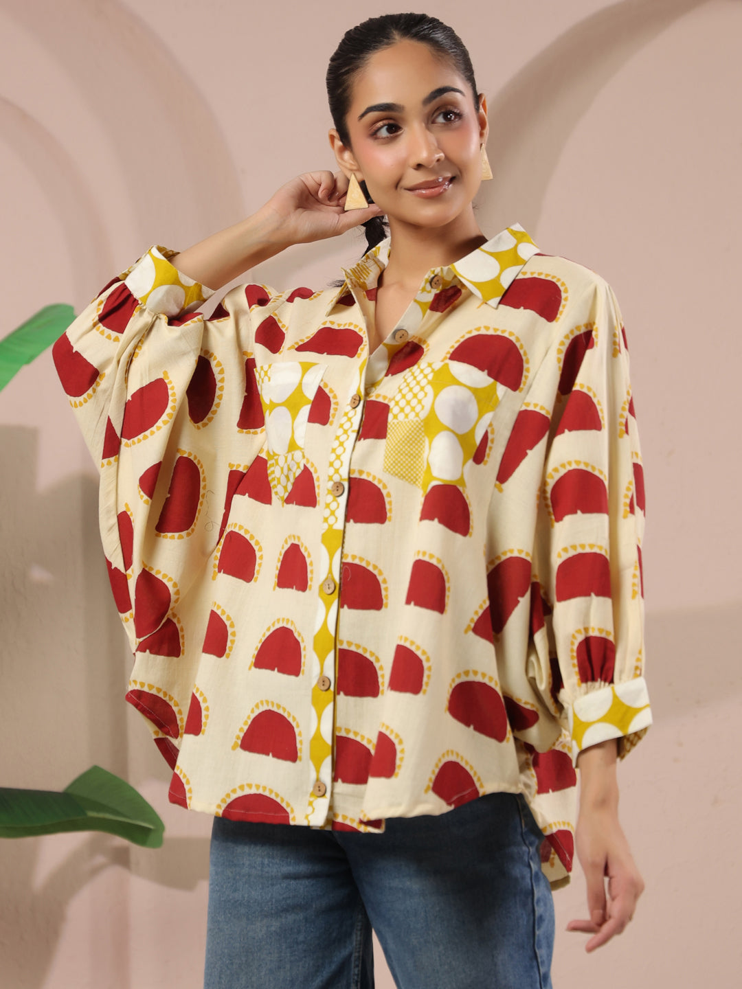Cream & Red Printed Anti-Fit Shirt with Patch Pockets