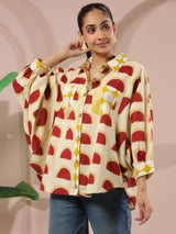 Cream & Red Printed Anti-Fit Shirt with Patch Pockets