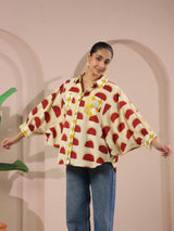 Cream & Red Printed Anti-Fit Shirt with Patch Pockets
