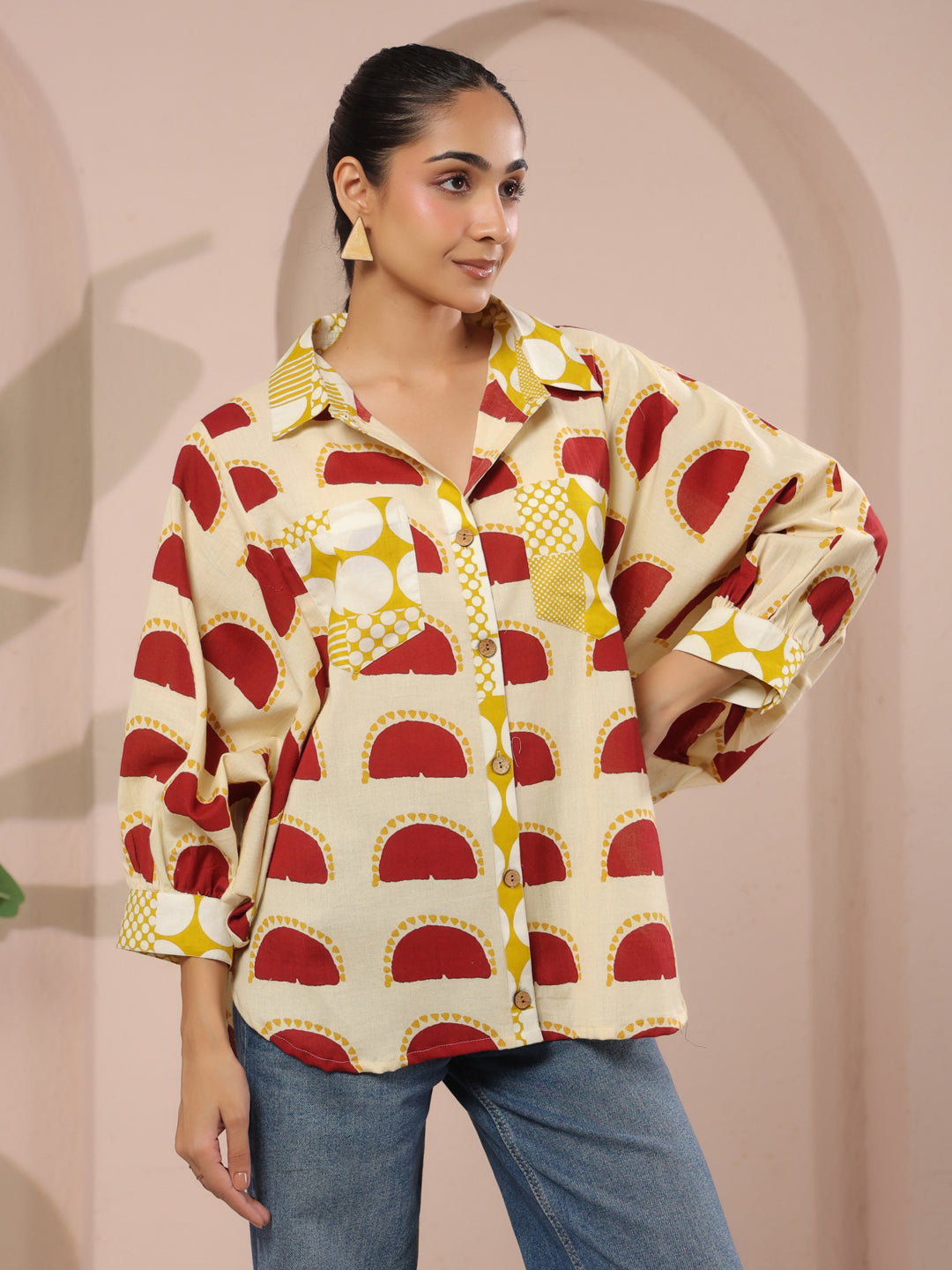Cream & Red Printed Anti-Fit Shirt with Patch Pockets