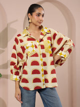 Cream & Red Printed Anti-Fit Shirt with Patch Pockets
