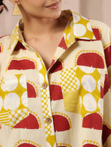 Cream & Red Printed Anti-Fit Shirt with Patch Pockets