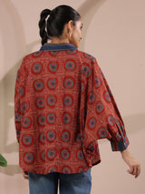 Red Round Printed Anti-Fit Shirt with Patch Pockets