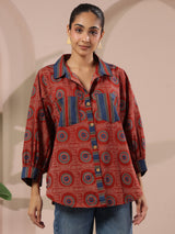 Red Round Printed Anti-Fit Shirt with Patch Pockets