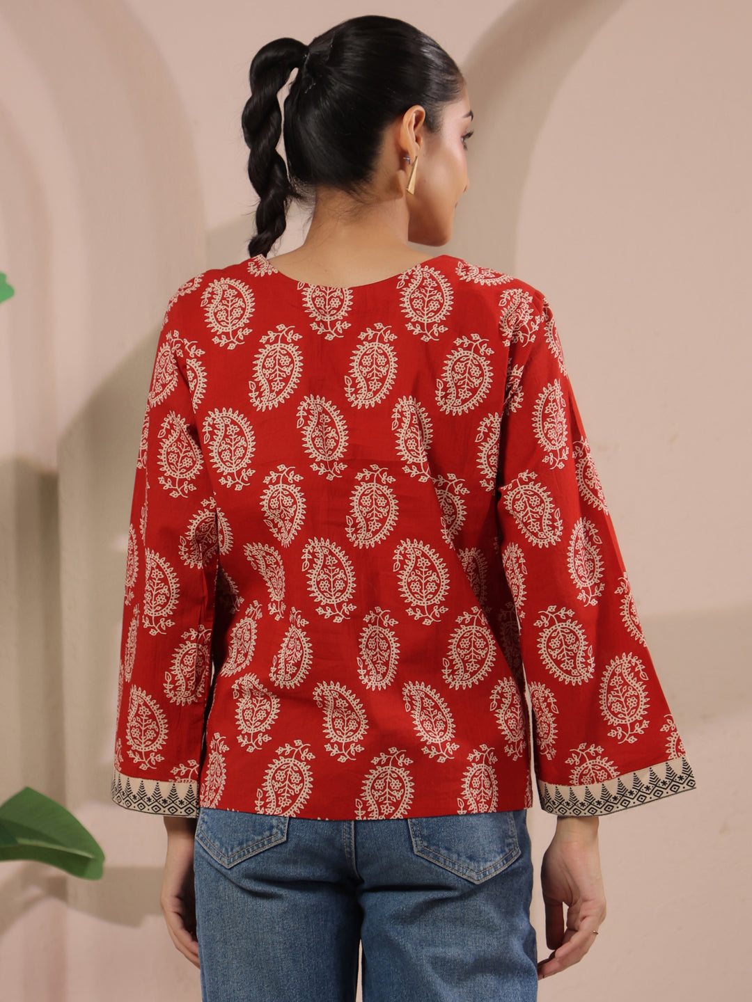 Red Boota Printed V-Neck Cotton Top