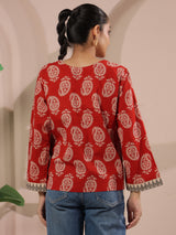 Red Boota Printed V-Neck Cotton Top