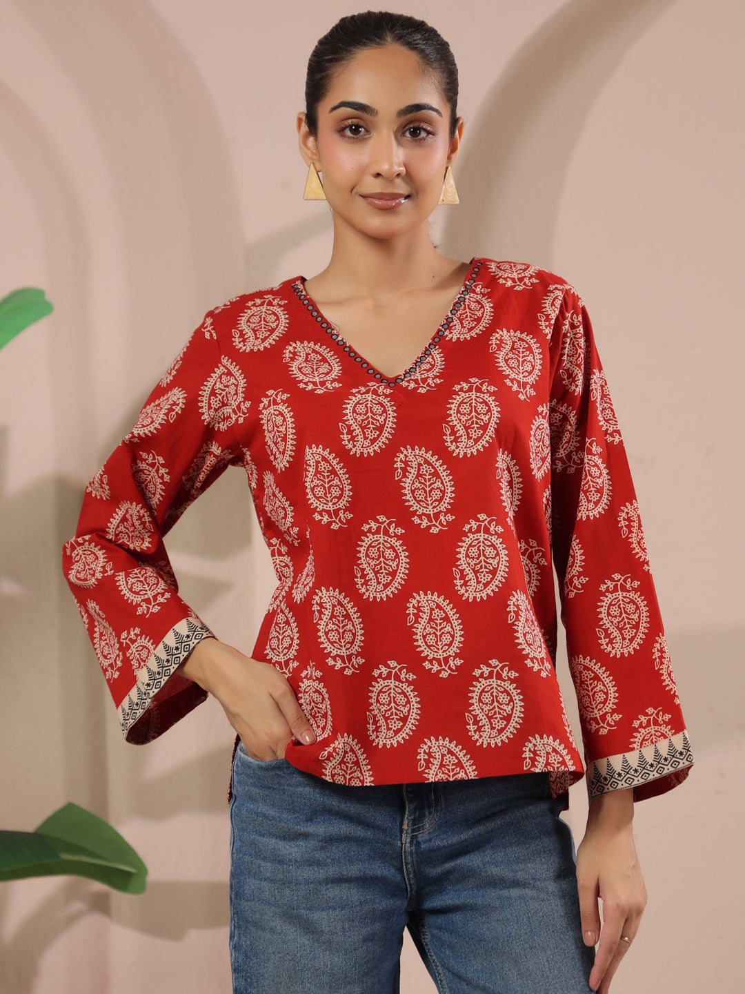 Red Boota Printed V-Neck Cotton Top