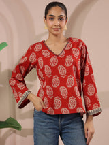 Red Boota Printed V-Neck Cotton Top