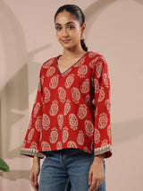 Red Boota Printed V-Neck Cotton Top
