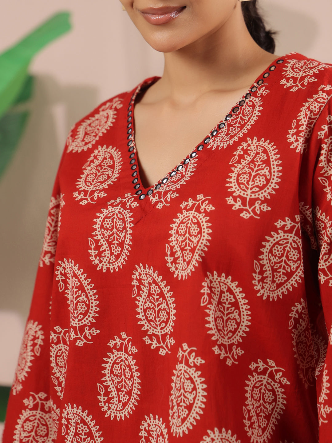 Red Boota Printed V-Neck Cotton Top