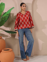 Red Boota Printed V-Neck Cotton Top