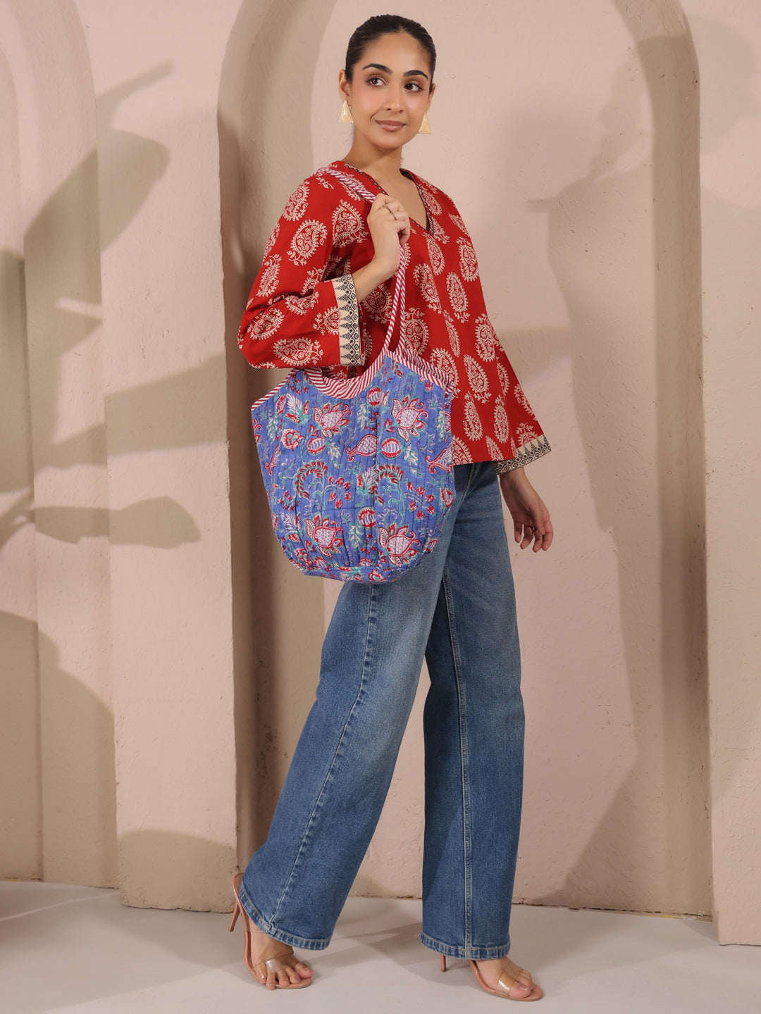 Red Boota Printed V-Neck Cotton Top