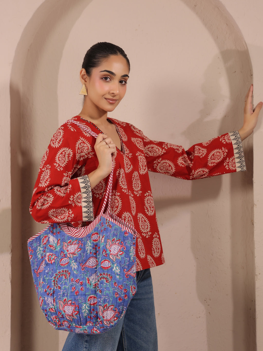 Red Boota Printed V-Neck Cotton Top