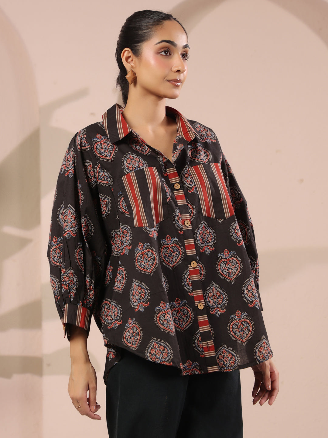 Black Paan Printed Anti-Fit Shirt with Patch Pockets
