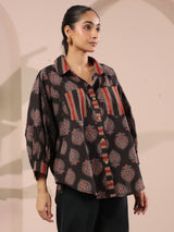Black Paan Printed Anti-Fit Shirt with Patch Pockets