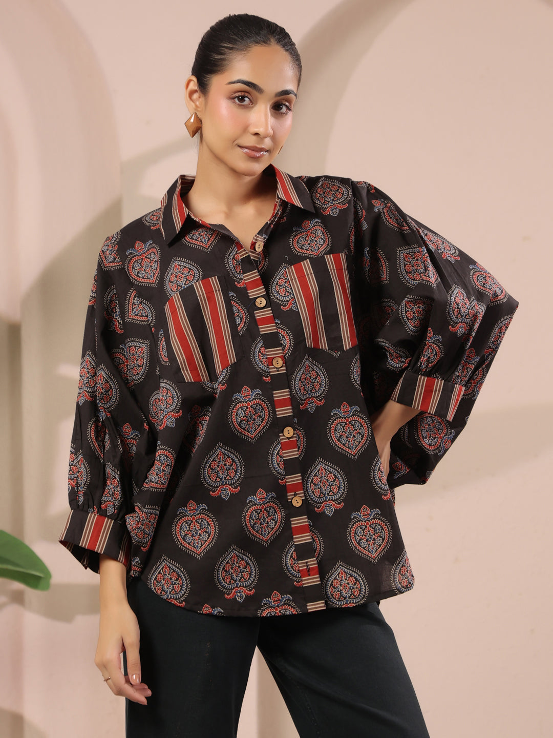 Black Paan Printed Anti-Fit Shirt with Patch Pockets