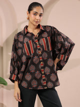 Black Paan Printed Anti-Fit Shirt with Patch Pockets