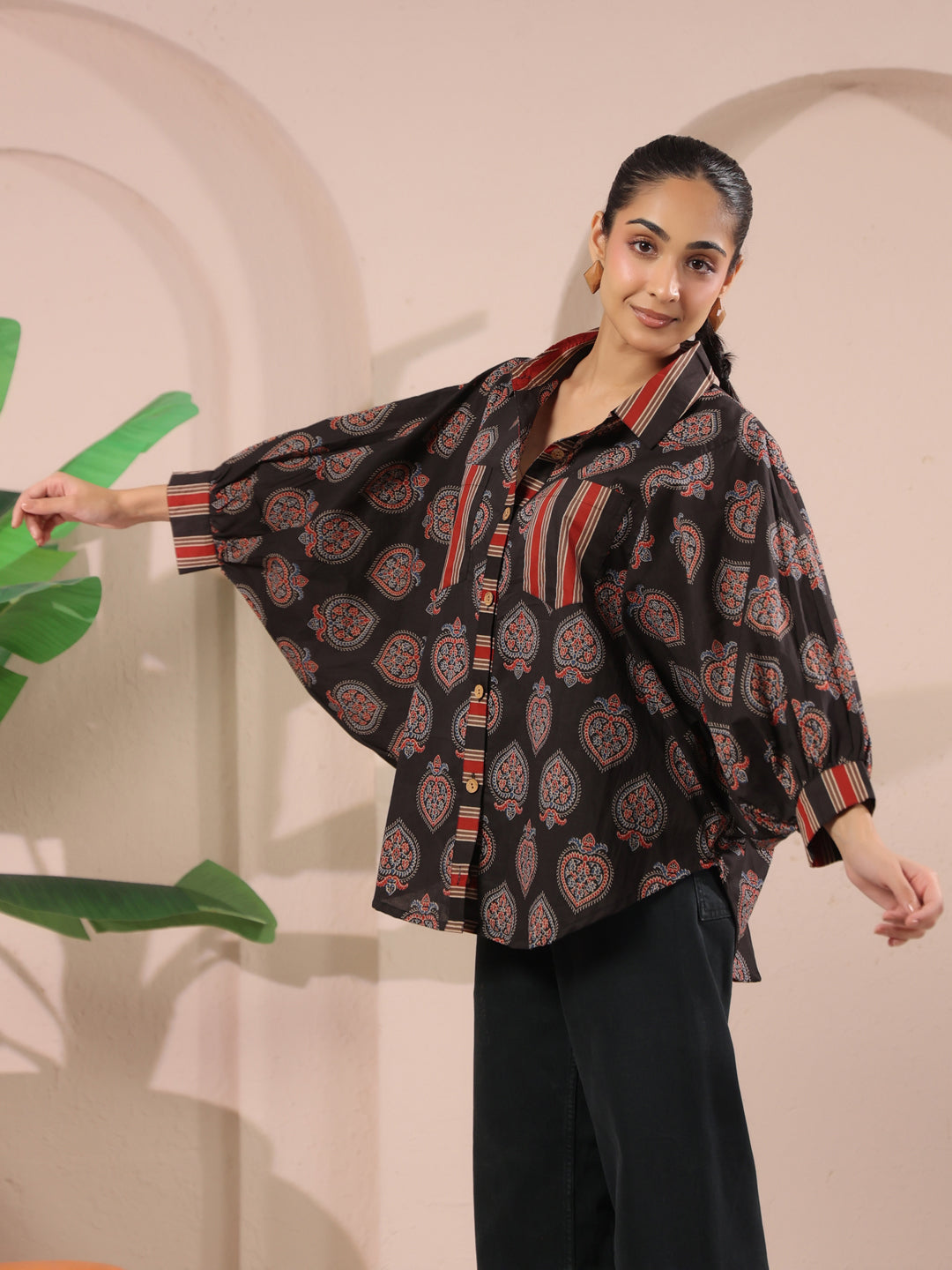 Black Paan Printed Anti-Fit Shirt with Patch Pockets