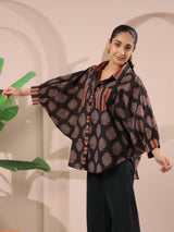Black Paan Printed Anti-Fit Shirt with Patch Pockets