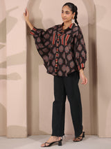 Black Paan Printed Anti-Fit Shirt with Patch Pockets