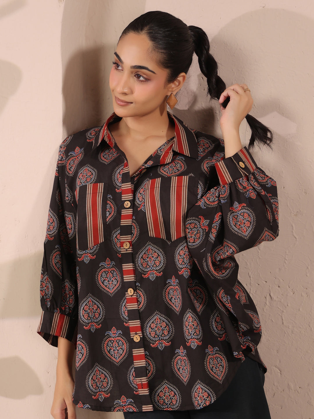 Black Paan Printed Anti-Fit Shirt with Patch Pockets