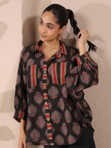 Black Paan Printed Anti-Fit Shirt with Patch Pockets